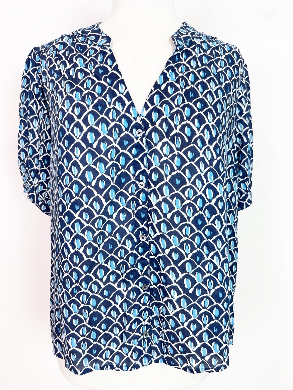 HATLEY BLUE NAVY WHITE PATTERN SHORT PUFF SLEEVE BLOUSE WOMENS MEDIUM